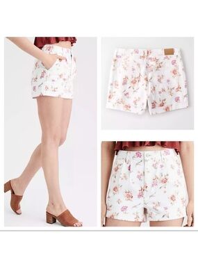 American Eagle Cotton Floral Pleated High Rise Denim Mom Shorts